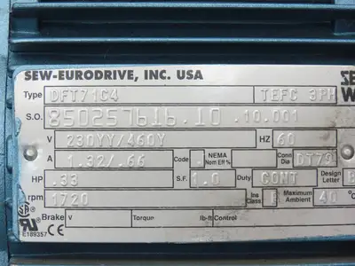 Sew Eurodrive R37DT71C4 Gearmotor 134.82 Ratio .33Hp 13rpm 230/460V 3PH DFT71C4