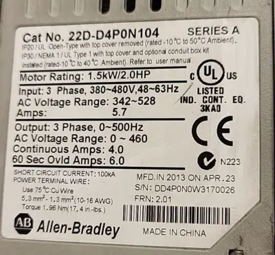 Allen-Bradley # 22D-D4P0N104 PowerFlex 40 1.5kW 2.0Hp AC(BIN3.3.1)