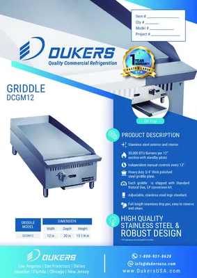 New | in-Stock Dukers New Dukers DCGM12 12 in. W Flat Top Griddle with 1 Burners Commercial Flat Top Griddles Illinois US | Falcon Restaurant Supply #1376278