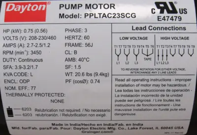 NEW DAYTON PPLTAC23SCG MOTOR 3/4HP 208-230/460V 23CF33