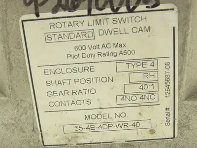 Hubbell 55-4E-4DP-WR-40 Rotary Cam Limit Switch 40:1 Gear Ratio 4NO 4NC 600V RH