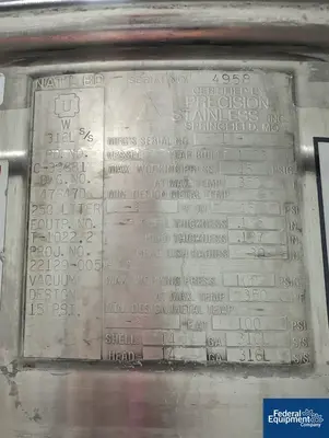 USED Precision 250 Liter Precision Stainless Reactor, 316L S/S, 45/100#
