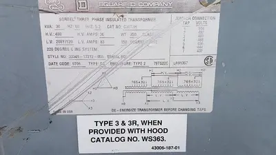 USED SQUARE D COMPANY 3 PHASE 30 KVA TRANSFORMER