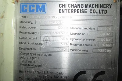 Used 2014 CHI CHANG CC TY-120-100LW PELLETIZING EXTRUSION LINE Plastic Recycling Lines Indiana US | US Recycling Equipment #1278408