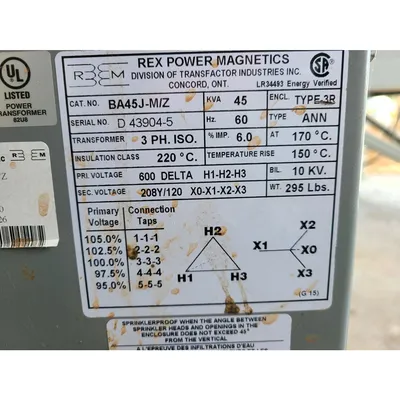 Used Rex 45 KVA Dry Type 3-Phase Isolation Power Transformer