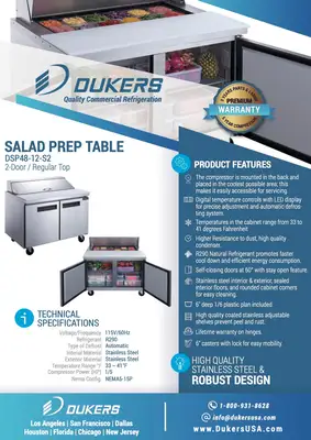 New | in-Stock Dukers New Dukers DSP48-12-S2 2-Door Commercial Food Prep Table Refrigerated in Stainless Steel Food Prep Tables Illinois US | Falcon Restaurant Supply #1376290