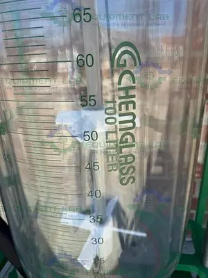 USED CHEMGLASS 100 LITER JACKETED GLASS REACTOR W/ CHEMGLASS DIGITAL OVERHEAD STIRRER