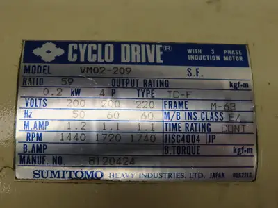Sumitomo Cycle Drive VM02-209 Gearmotor 0.2kW 220V 3PH 59:1 Reducer 1740RPM M-63