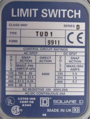 NEW SQUARE D 9007-TUD1 LIMIT SWITCH SER.D 9007TUD1