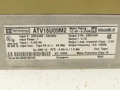 Square D Telemecanique ATV18U09M2 ALTIVAR 18 Variable AC Drive VFD .5Hp 240V 1PH