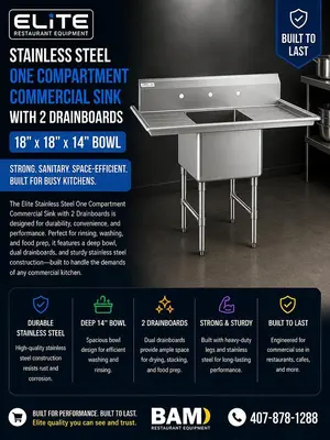 Elite Stainless Steel One Compartment Commercial Sink with 2 Drainboards - 18" x 18" x 14" Bowl