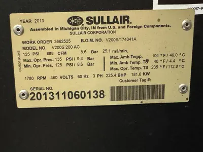 Used 2013 SULLAIR V200S 200 AC Rotary Screw & Sliding Vane Air Compressors Michigan US | RAB Industries, Inc. #352253