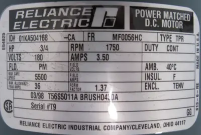 NEW RELIANCE ELECTRIC T56S5011A MOTOR 3/4HP 180VDC TPR MF0056HC 001KA504168-CA