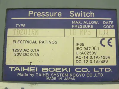 Taihei Boeki TDZ01XM Pressure Switch 10MPa 1450psi 125VAC 30VDC 0.1A IP65