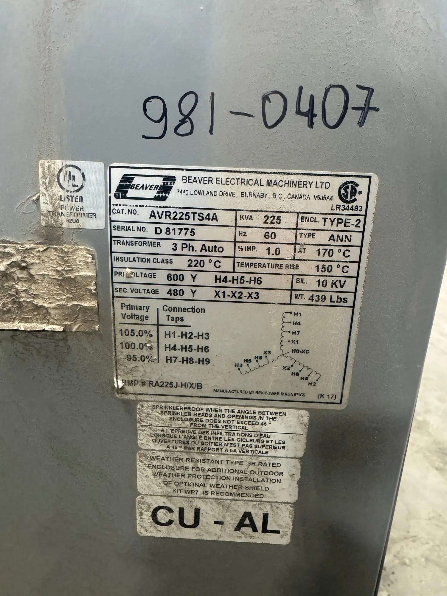 225 KVA - 600v to 480V 3 Phase Auto-transformer