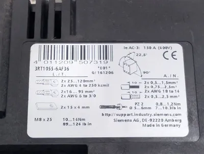 Siemens 3RT1055-6AF36 SIRUIS Motor Contactor 195A 1000V Used