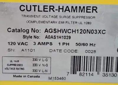 Cutler Hammer AGSHWCH120N03XC Transient Voltage Surge Suppressor (BIN3.4 .5)