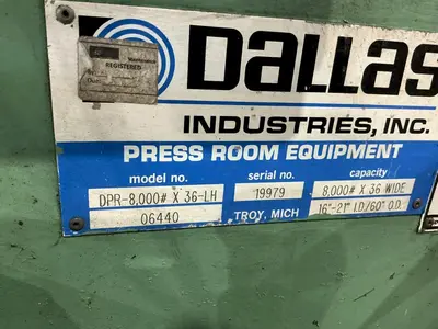8,000 LBS X 36" DALLAS MODEL #DPR-8000-36 MOTORIZED UNCOILER COIL REEL : YOBRO #24887