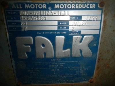Falk, Class 2, 202-6ELHZ3-16AS 20 HP 84 RPM Gear Reducer