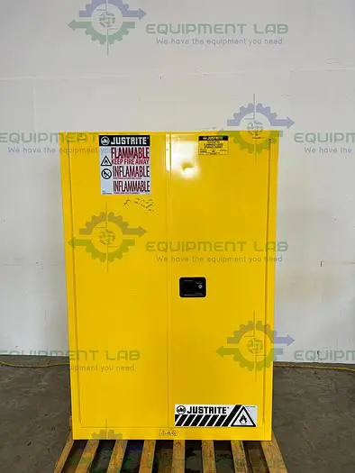 Used JUSTRITE 45 GALLON FLAMMABLE LIQUID STORAGE CABINET W/ SOFT CLOSE DOORS, KEYS Biological Safety Cabinets | Equipment Lab #486118