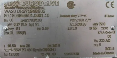NEW SEW EURODRIVE WA 20 DRS 71 S 4 BE 05