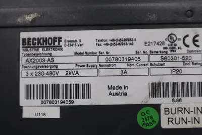Beckhoff AX2003-AS S60301-520 Digital Compact Servo Drive Amplifier STK 3449-D