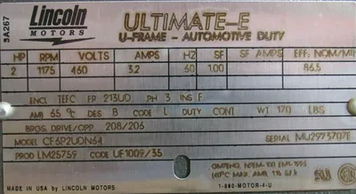 NEW LINCOLN MOTORS CF6P2UDN64 MOTOR 2HP 460V 3PH 1175RPM LM25759