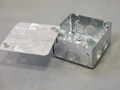 Square Outlet Box with Cover, Steel, 4X4X2-1/4, 14 Knockouts