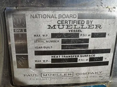 Tank, 264 Gallon (1,000 Liter), Mueller, Jacketed, Stainless, 35 PSI / Full Vacuum, #5991457