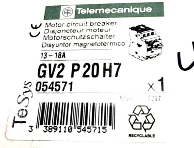 NEW TELEMECANIQUE GV2-P20H7 CIRCUIT BREAKER 13-18A GV2P20H7