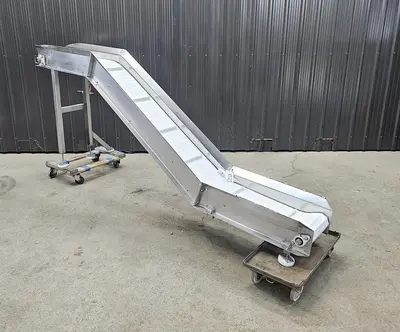 Used Belt Conveyor, 12’’ Wide X 124’’ Long, Cleated Belt