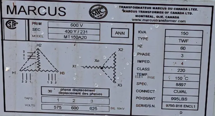 Used MARCUS MT150A20 Distribution Transformers Ontario CA | DC Brewer Machinery #919538