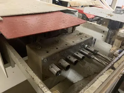 KOCH SBD-B DOUBLE-END FEED-THROUGH TRIM, BORE, GLUE, & DOWEL MACHINE