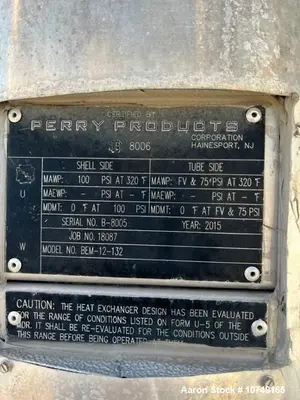 Used Perry Products 225 Sq Ft Vertical Shell & Tube Heat Exchanger, 304L Stainless, 2015