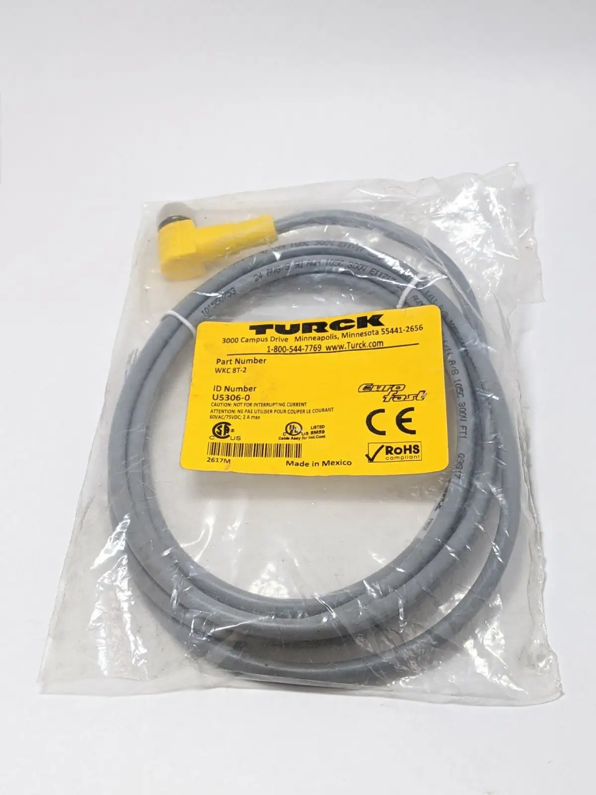 NEW TURCK RIGHT ANGLE M12 FEMALE CORDSET 8 CONDUCTOR U5306-0