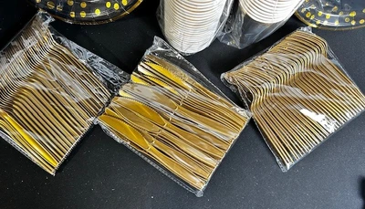 Black & Gold Happy Birthday Party Supplies Set - Plates Cups Napkins Utensils