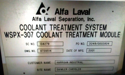Alfa-Laval WSPX 307 TGD-71G oil concentrator, SS.