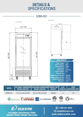 New | in-Stock Dukers New Dukers D28R-GS1 Bottom Mount Glass Single Door Commercial Reach-in Refrigerator Display Refrigerators Illinois US | Falcon Restaurant Supply #1376354