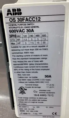 ABB OS30FACC12 w/KLDR1 Fuses 600VAC 30A 4D-46
