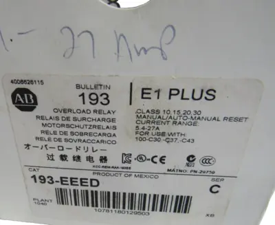 ALLEN BRADLEY 193-EEED OVERLOAD RELAY SERIES C 193EEED NEW, SURPLUS
