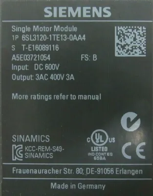 USED SIEMENS 6SL3120-1TE13-0AA4 SINGLE MOTOR MODULE 6SL31201TE130AA4