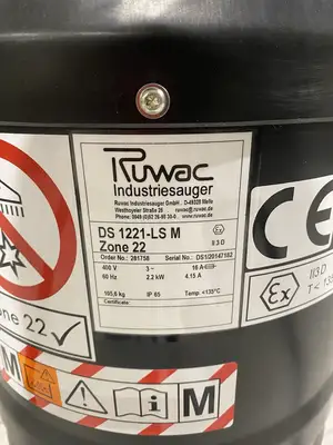 USED RUWAC CONTINUOUS DUTY INDUSTRIAL HEPA VACUUM 3HP 180CFM, QUIET OP.