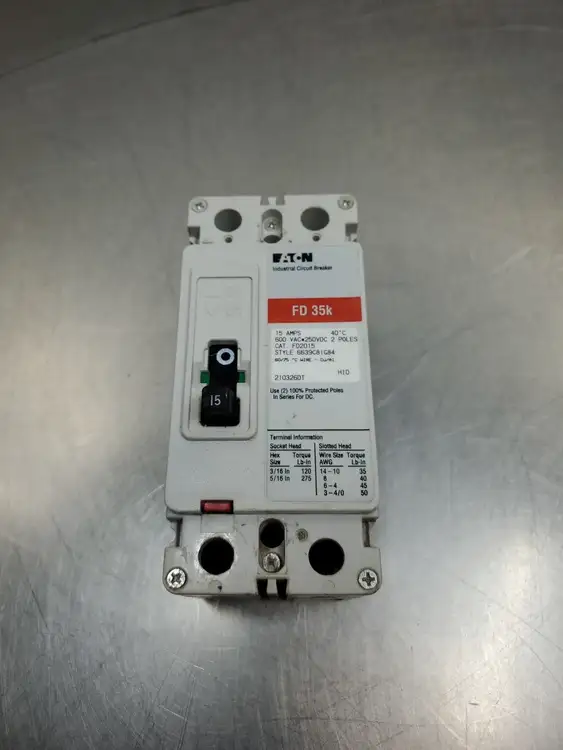 Used Eaton FD2015 Circuit Breaker, 15A, 600VAC/250VDC, 2P Circuit Breakers South Carolina US | Palmetto Automation #1505355
