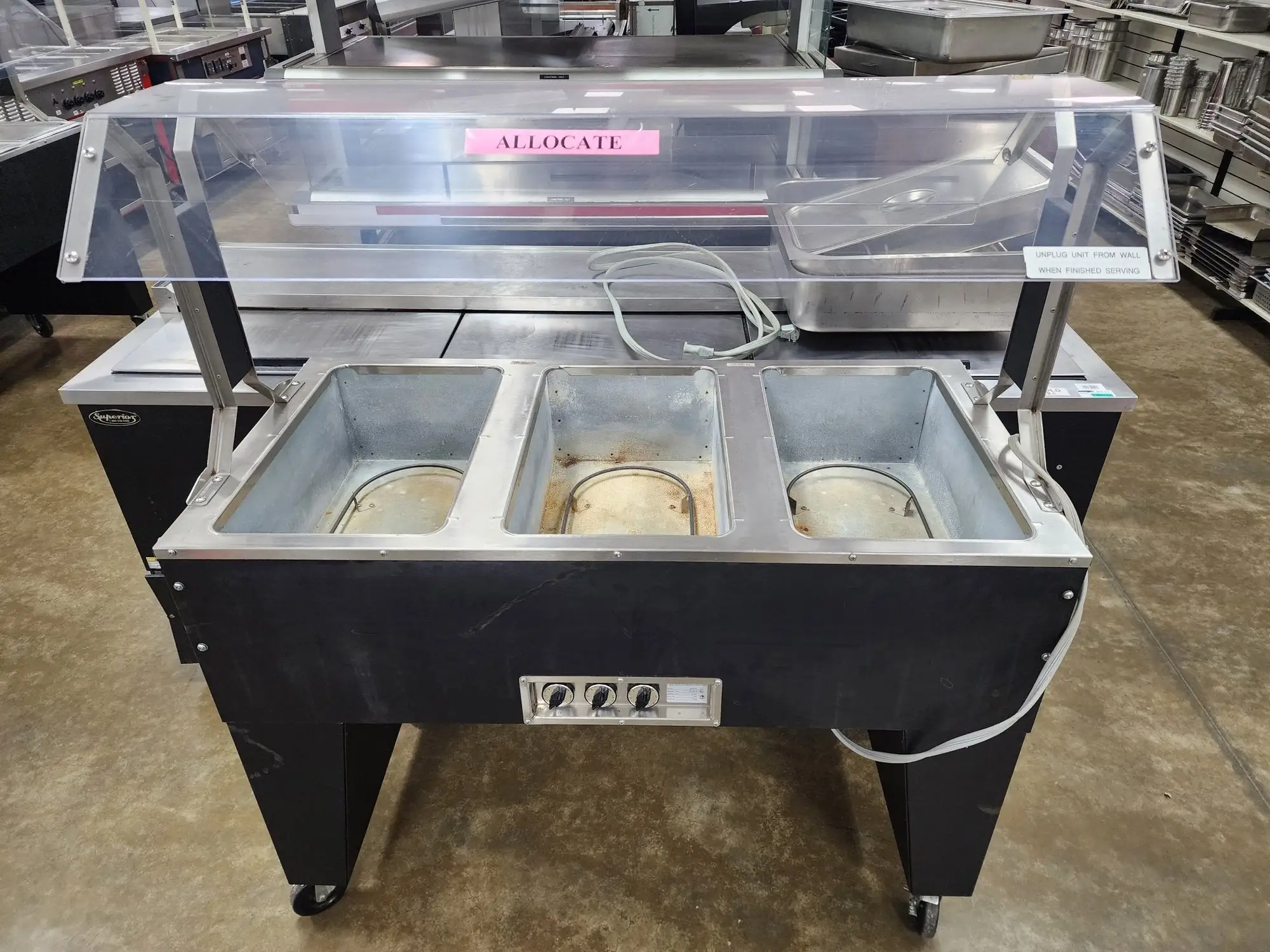 Used SuperMetal Used SuperMetal 3 Pan Open Well Heated Buffet Hot Food Steam Table with Open Base 208V Steam Tables (Food) Illinois US | Falcon Restaurant Supply #1376677