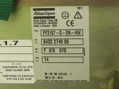 Atlas Copco PF3107-G-DN-HW Nutrunner Drive Torque Controller Tensor 3/7 240VAC