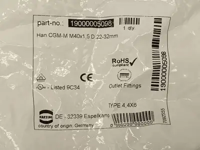 19000005098 | Harting  Cable Gland Han CGM-M M40X1,5 D.22-32mm - New