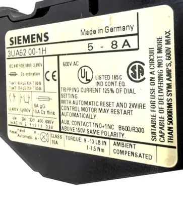 NEW SIEMENS 3UA52 00-1H OVERLOAD RELAY 5-8A 3UA52001H