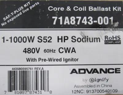 NEW ADVANCE 71A8743-001 CORE & COIL BALLAST KIT 1-1000W S52 HP 480V 71A8743001