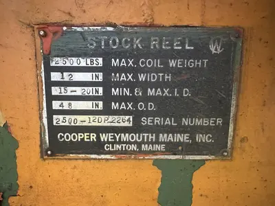 2500 LBS X 12" COOPER WEYMOUTH DOUBLE END PULL-OFF COIL REEL UNCOILER: STOCK #22619