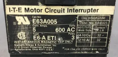 SIEMENS I-T-E Circuit Interrupter E63A005 5A 3 Pole 600VAC 4F